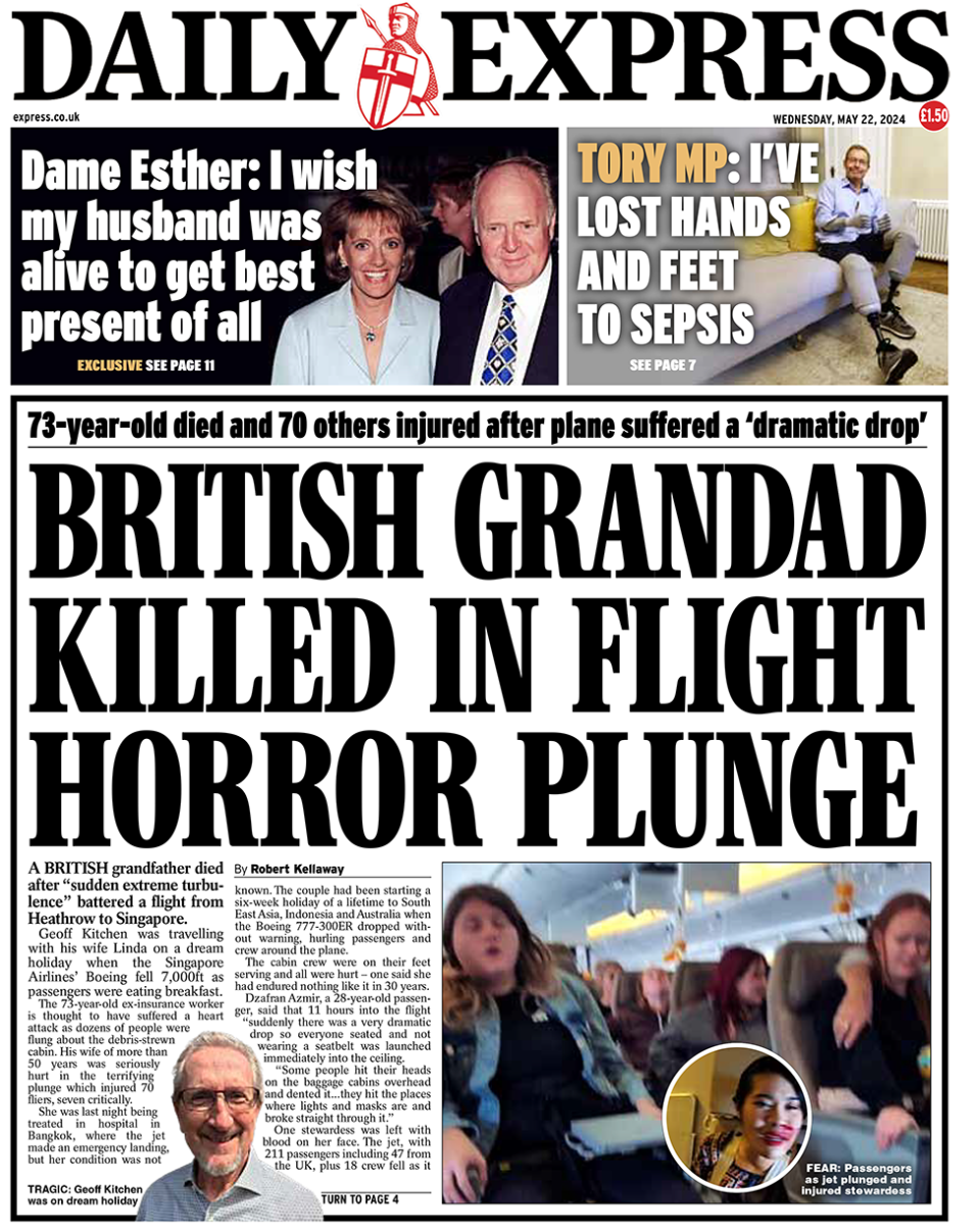 Daily Express headlines "British grandad killed in flight horror plunge"