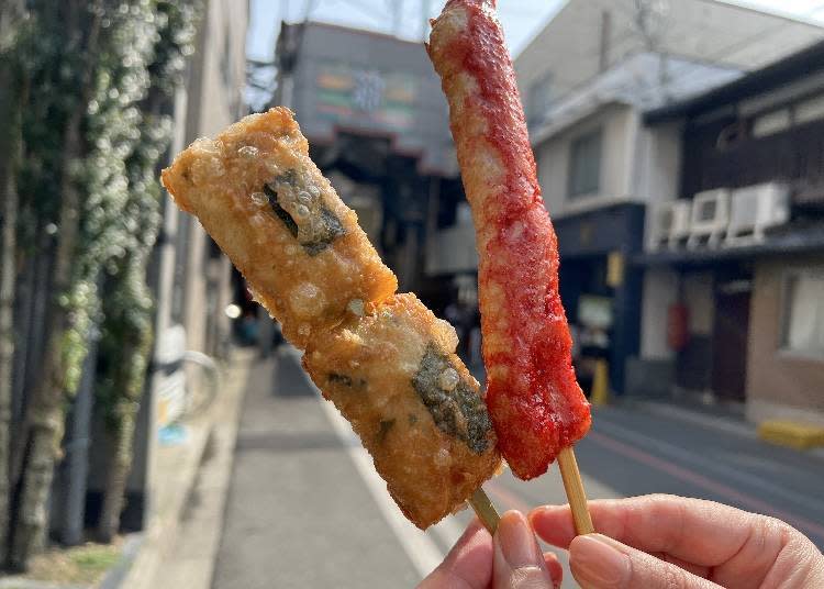 'Deep-Fried Shrimp and Yam Wrapped in Kyo-Yuba' (left) and 'Crab Roll Tempura Skewer' (right)