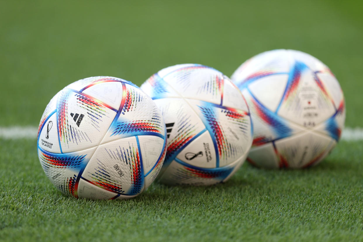 DOHA, QATAR - NOVEMBER 21: The adidas 'Al Rihla' FIFA World Cup match balls are seen prior to the FIFA World Cup Qatar 2022 Group B match between England and IR Iran at Khalifa International Stadium on November 21, 2022 in Doha, Qatar. (Photo by Alex Pantling - The FA/The FA via Getty Images)