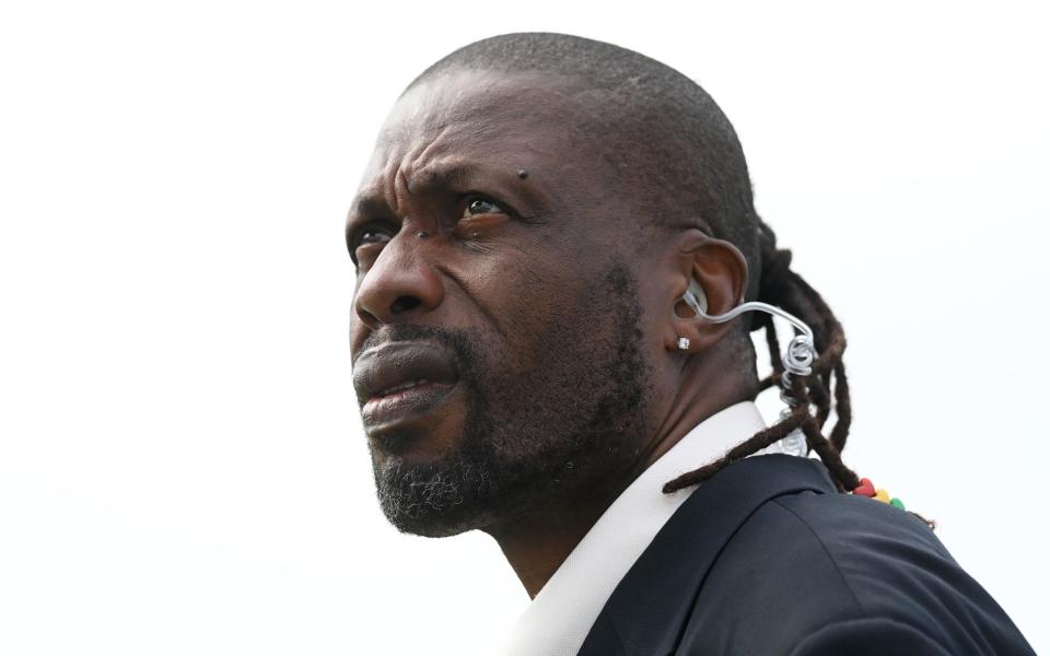 Sir Curtly Ambrose looks on during the fourth day of the second Test between West Indies and England at Kensington Oval on March 19, 2022 in Bridgetown, Barbados