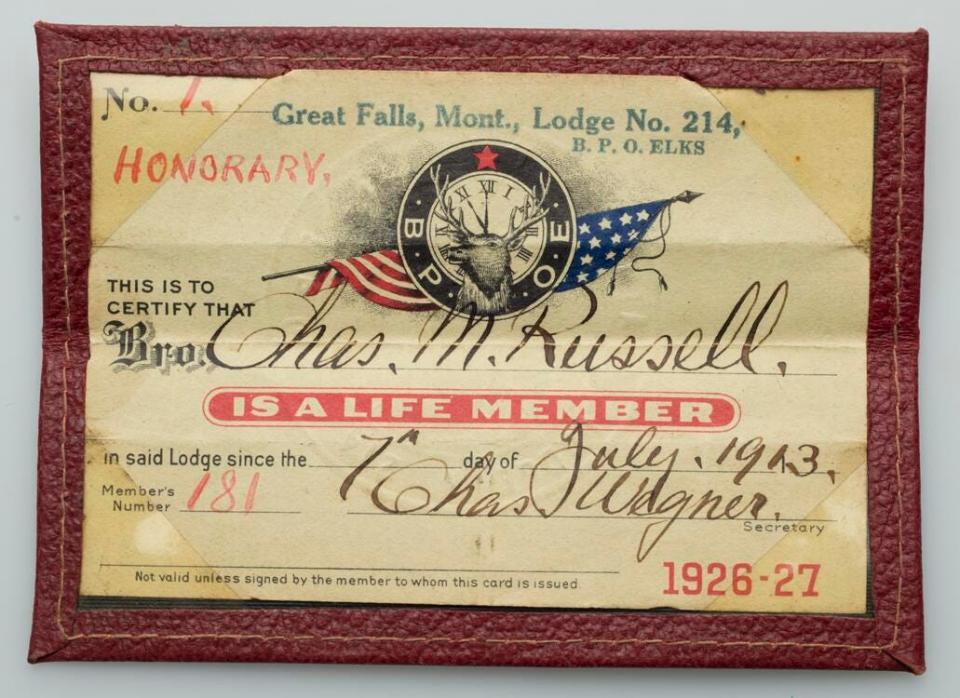 In 1913 Charlie Russell was inducted as an Honorary Lifetime Member of Great Falls Elks Lodge #214. The certificate commemorating this honor is now on display at the Gilcrease Museum in Tulsa, Oklahoma.