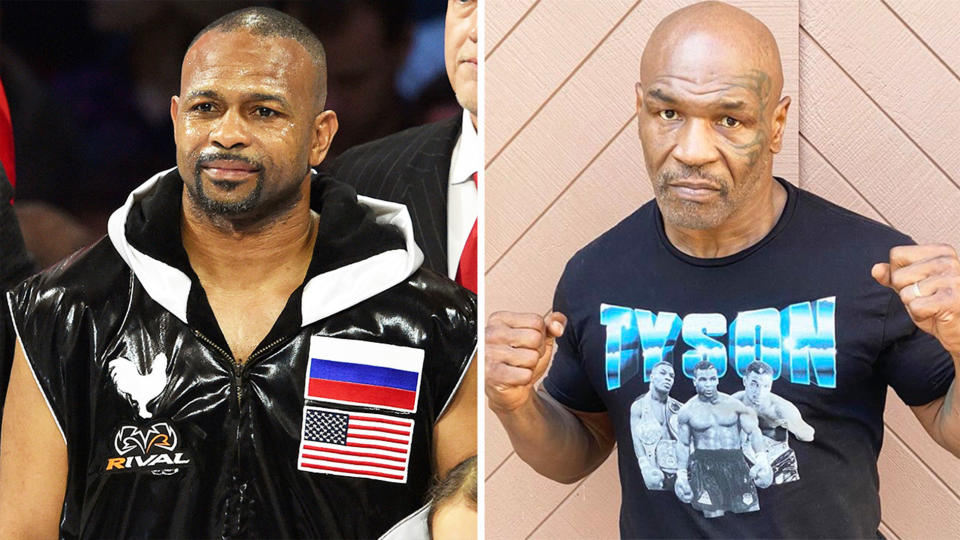 Roy Jones Jr (pictured left) before a boxing fight and Mike Tyson (pictured right) posing for a photo.