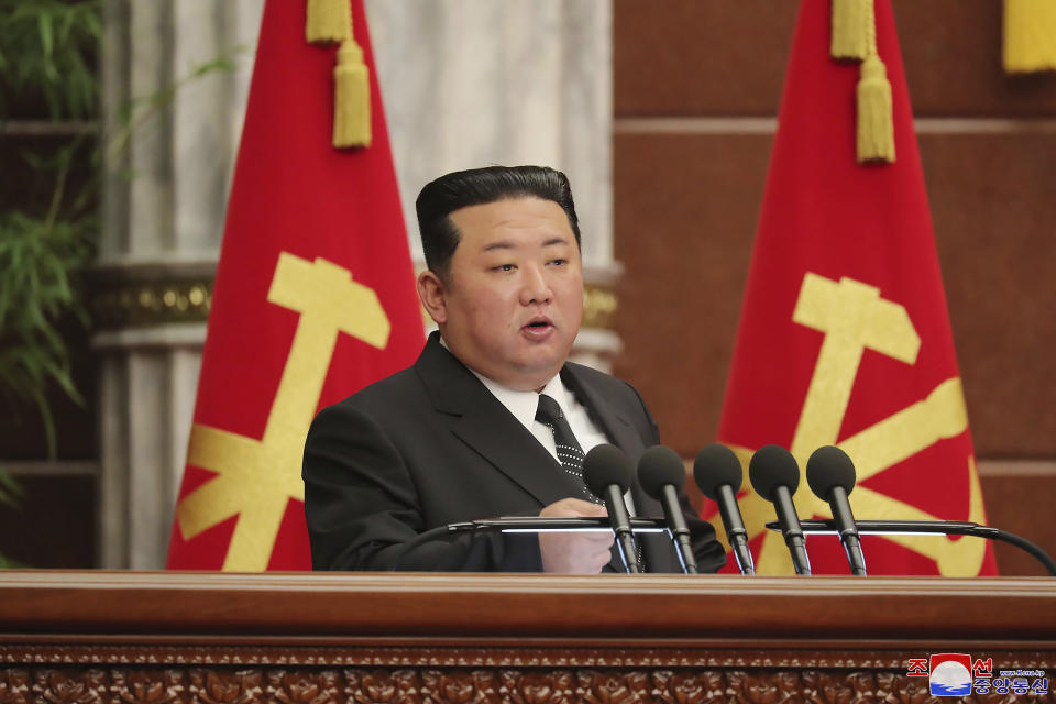 In this photo provided on Saturday, June 11, 2022 by the North Korean government, North Korean leader Kim Jong Un attends a plenary meeting of the ruling Workers’ Party’s Central Committee held during June 8 - June 10, 2022 in Pyongyang, North Korea. Independent journalists were not given access to cover the event depicted in this image distributed by the North Korean government. The content of this image is as provided and cannot be independently verified. Korean language watermark on image as provided by source reads: "KCNA" which is the abbreviation for Korean Central News Agency. (Korean Central News Agency/Korea News Service via AP)