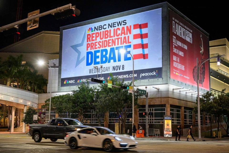 PHOTO: A billboard for the third Republican presidential primary debate is seen at the Adrienne Arsht Center for the Performing Arts in Miami, Florida on November 7, 2023. (Mandel Ngan/AFP via Getty Images)