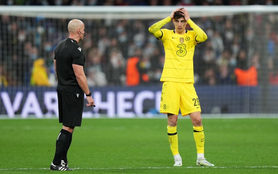 Kai Havertz reacts after the referee Szymon Marciniak disallows a goal by Marcos Alonso of Chelsea (not pictured) after a VAR decision during the UEFA Champions League Quarter Final Leg Two match between Real Madrid and Chelsea FC at Estadio Santiago Bernabeu on April 12, 2022 in Madrid, Spain - Getty Images Europe 