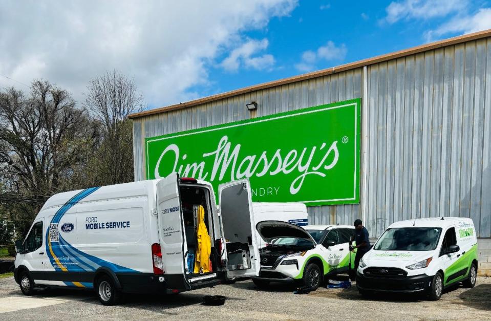 Eddie Stivers III, who co-owns Ford dealerships with his brother in four states, said corporate customers buy all Ford vehicles in order to get mobile repair. Ford serviced eight vehicles at Jim Massey Cleaners in Montgomery, Alabama, over two visits in March 2024.
