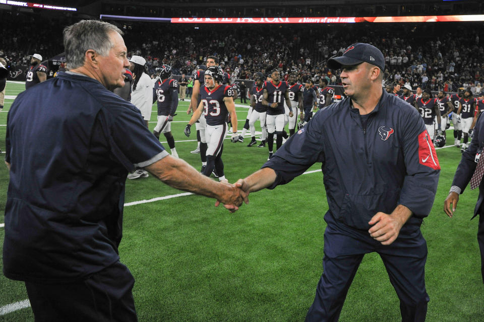 Texans head coach Bill O'Brien and Patriots head coach Bill Belichick share a moment after a preseason game in 2017. (Photo by Ken Murray/Icon Sportswire via Getty Images)