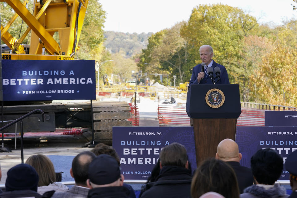 President Joe Biden speaks about his infrastructure agenda at Fern Hollow Bridge in Pittsburgh, Thursday, Oct. 20, 2022. (AP Photo/Patrick Semansky)