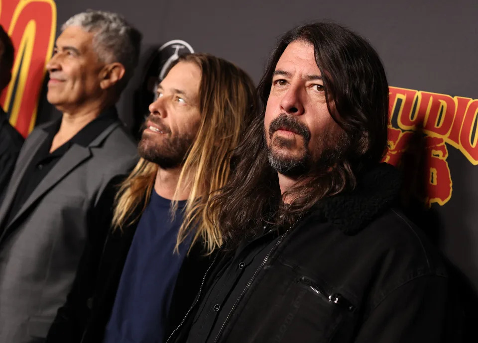 Pat Smear, Taylor Hawkins, and Dave Grohl of Foo Fighters be  the Los Angeles premiere of &#39;Studio 666&#39; astatine  Hollywood&#39;s TCL Chinese Theatre conscionable  1  period  earlier  Hawkins&#39;s death. (Photo: Rich Fury/Getty Images)