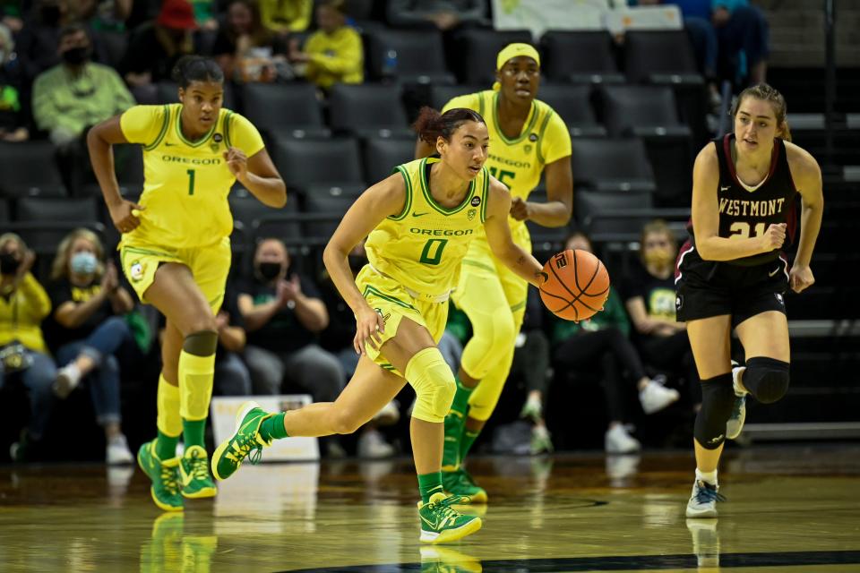 Oregon’s Ahlise Hurst brings the ball up the floor during the second quarter of the Duck’s exhibition game Saturday, Nov. 6, 2021, at Matthew Knight Arena.