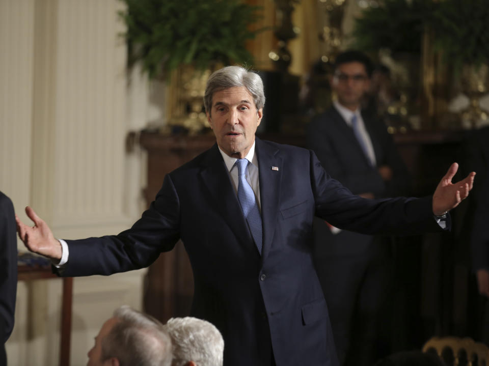 U.S.  Secretary of State John Kerry arrives prior to a Presidential Medal of Freedom ceremony in the White House East Room in Washington, U.S., November 22, 2016.  REUTERS/Carlos Barria