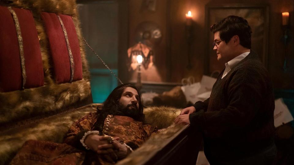 Kayvan Novak and Harvey Guillén in What We Do in the Shadows