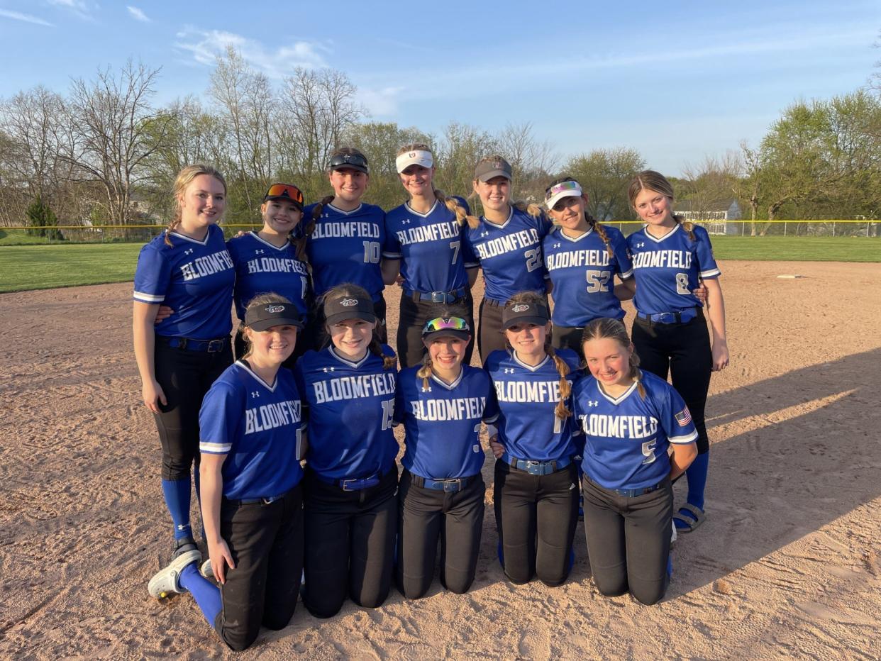 Bloomfield's softball team improved to 10-1 after a thrilling 6-2 win at Victor in eight innings on Monday, April 29, 2024.