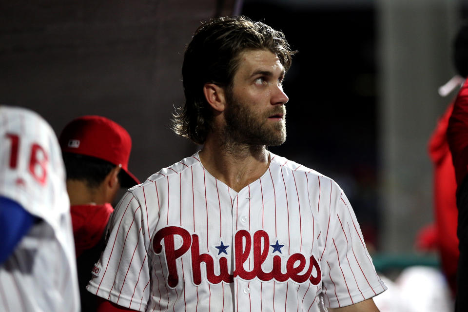 Bryce Harper #3 of the Philadelphia Phillies in the dugout during the game against the San Diego Padres at Citizens Bank Park on Friday, August 16, 2019 in Philadelphia, Pennsylvania. (Photo by Rob Tringali/MLB Photos via Getty Images)