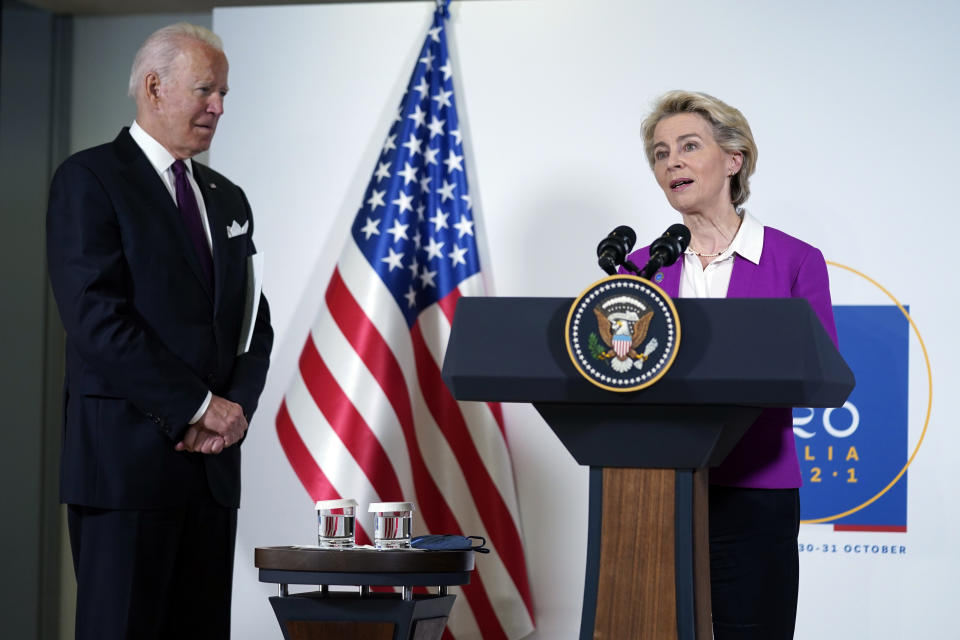 President Joe Biden and European Commission president Ursula von der Leyen talk to reporters about pausing the trade war over steel and aluminum tariffs during the G20 leaders summit, Sunday, Oct. 31, 2021, in Rome. (AP Photo/Evan Vucci)