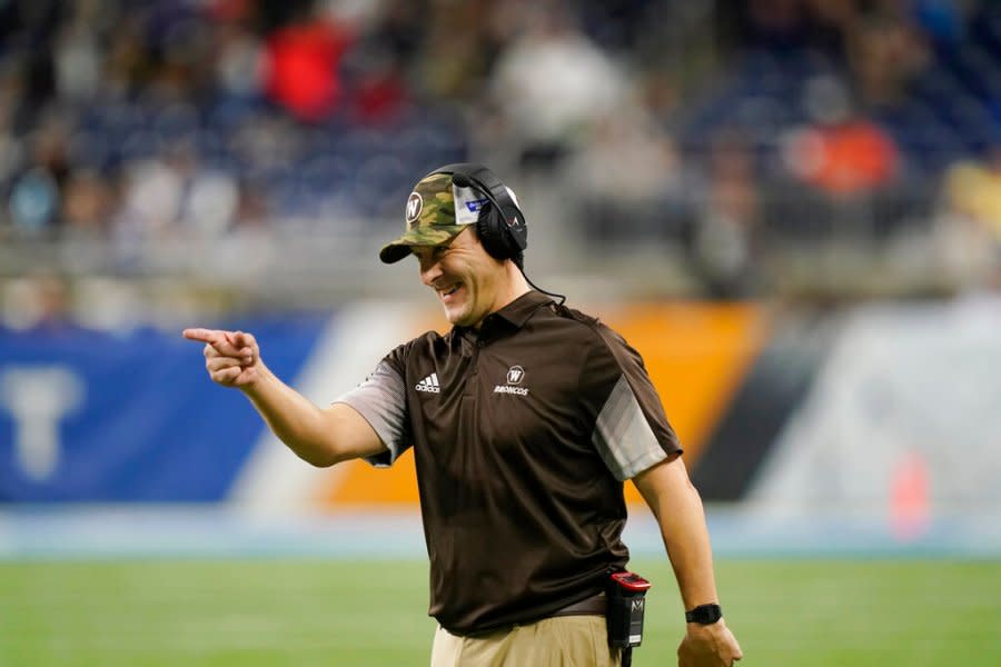 Western Michigan head coach Tim Lester points during the second half of the Quick Lane Bowl NCAA college football game against Nevada, Monday, Dec. 27, 2021, in Detroit. (AP Photo/Carlos Osorio)