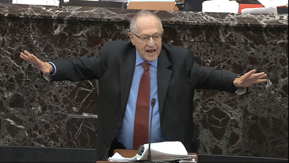 In this image from video, Alan Dershowitz, an attorney for President Donald Trump answers a question during the impeachment trial against Trump in the Senate at the U.S. Capitol in Washington, Wednesday, Jan. 29, 2020. (Senate Television via AP)