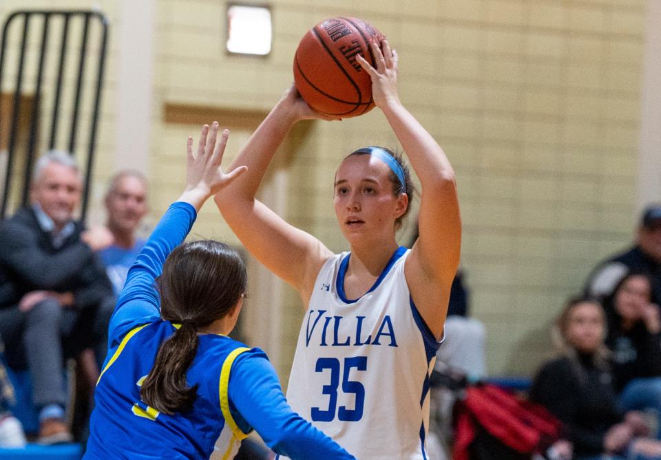 Villa Joseph Marie's Ava Gumienny (35) against Conwell-Egan's Brianna McFadden (3)during their girls' basketball game in Holland on Thursday, Dec. 14, 2023.

Daniella Heminghaus | Bucks County Courier Times