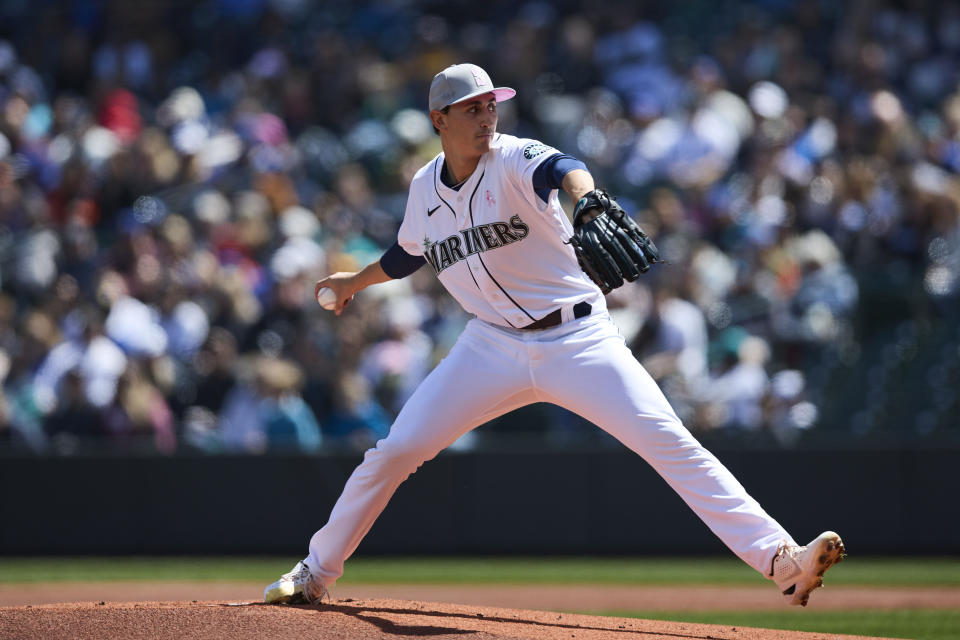 Seattle Mariners starting pitcher George Kirby works against the Tampa Bay Rays during the first inninga baseball game, Sunday, May 8, 2022, in Seattle. (AP Photo/John Froschauer)