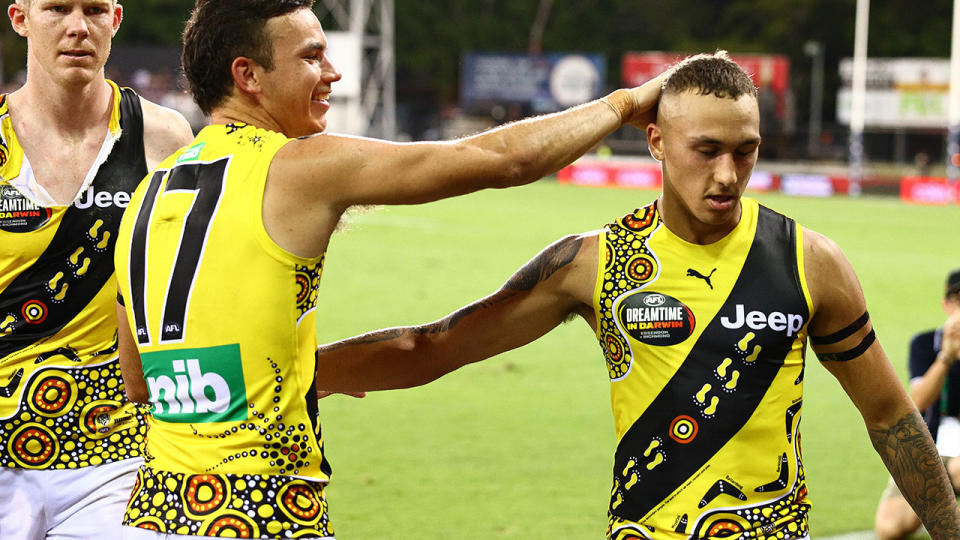 Daniel Rioli and Shai Bolton, pictured here after a game for the Richmond Tigers.