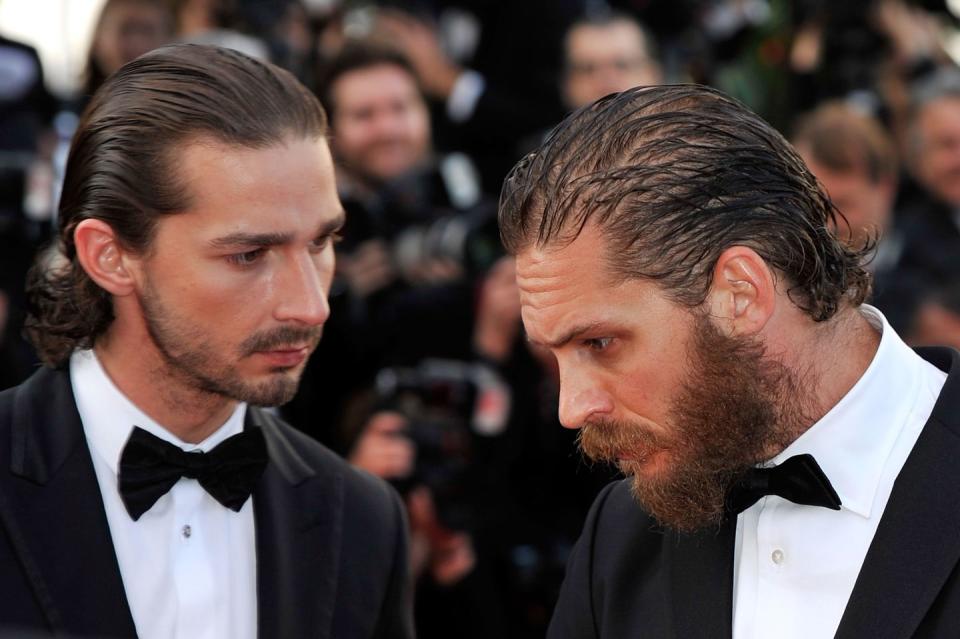 shia labeouf and tom hardy wearing tuxedos at a red carpet event