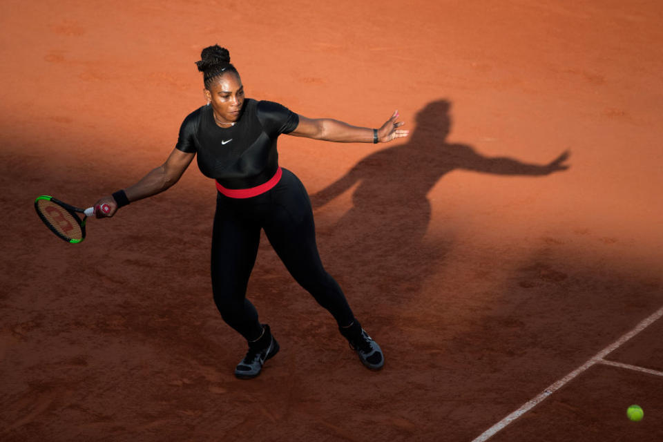 Serena Williams of the United States in action against Julia Goerges of Germany in the evening light on Court Suzanne Lenglen in the Women’s Singles Competition at the 2018 French Open Tennis Tournament June 2, 2018, at Roland Garros on in Paris. (Photo by Tim Clayton/Corbis via Getty Images)