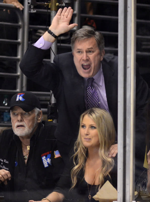 LOS ANGELES, CA - JUNE 11: Los Angeles Kings Governor Tim Leiweke hits the glass as he cheers on in Game Six of the 2012 Stanley Cup Final against the New Jersey Devils at Staples Center on June 11, 2012 in Los Angeles, California. (Photo by Harry How/Getty Images)