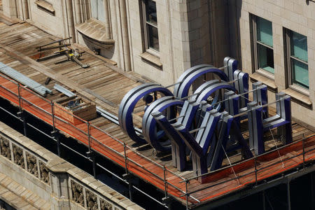 A Yahoo logo is seen on top of the building where they have offices in New York City, U.S., July 25, 2016. REUTERS/Brendan McDermid