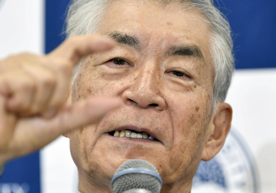 In this Oct. 1, 2018, photo, Tasuku Honjo of Kyoto University speaks during a press conference in Kyoto, western Japan after he was awarded the Nobel Prize in medicine. (Nobuki Ito/Kyodo News via AP)