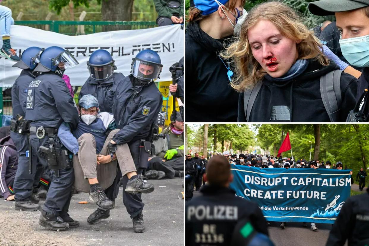 Protesters clashing with police at Tesla's Berlin Gigafactory