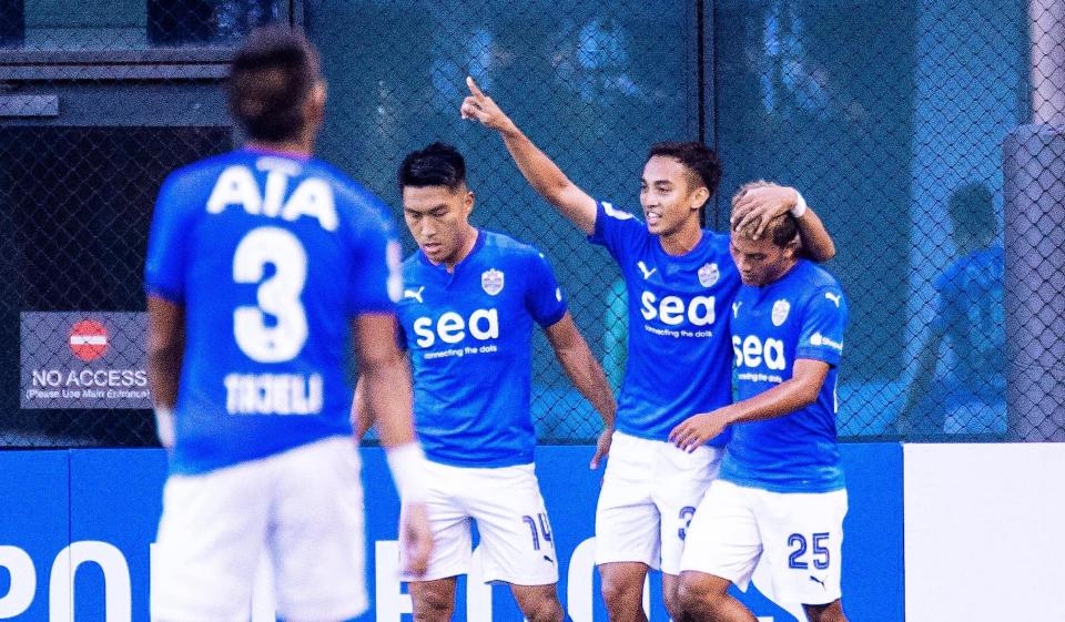 The Lion City Sailors celebrate their first goal against Geylang International, scored by Faris Ramli (centre). (PHOTO: Singapore Premier League)