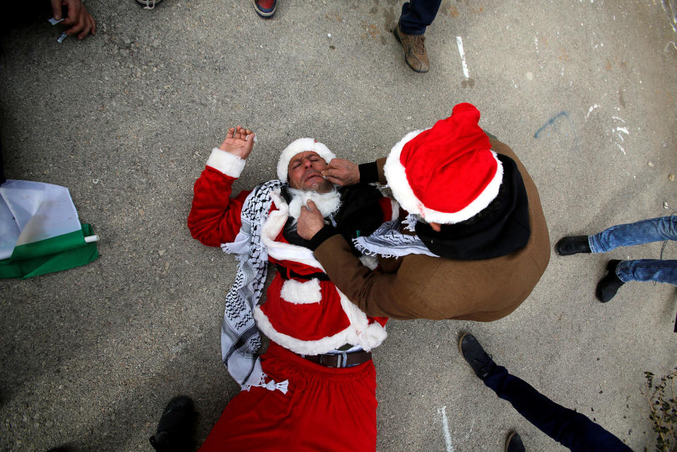 A Palestinian protester after inhaling tear gas in Bethlehem, West Bank