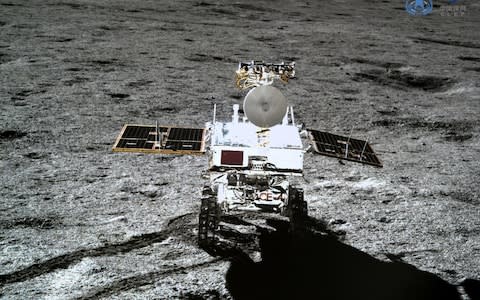 Photo taken by the lander of the Chang'e-4 probe on Jan. 11, 2019 shows the rover Yutu-2 (Jade Rabbit-2) - Credit: Xinhua / Alamy Live News