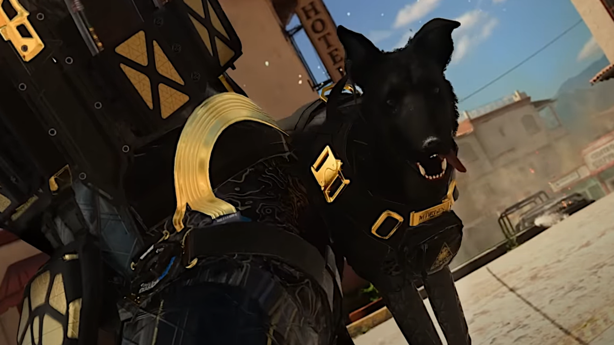  Merlin the indestructible dog from Call of Duty: Modern Warfare 2, hanging blissfully from his owner's dog belt. 