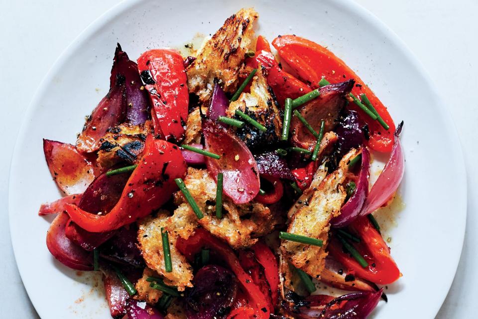 Grilled Bread Salad with Sweet Peppers and Onions