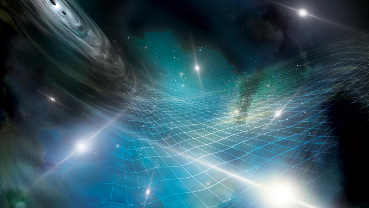  Artist's interpretation of an array of pulsars being affected by gravitational ripples produced by a supermassive black hole binary in a distant galaxy. 