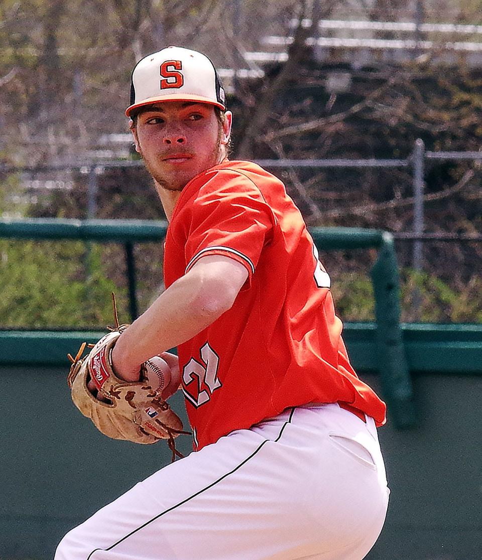 Stoughton pitcher Hunter Malkin goes into the windup during a game against Brockton on Thursday, April 21, 2022.