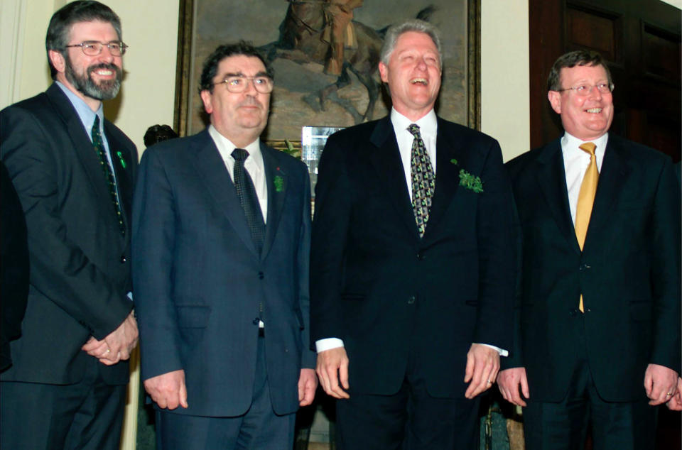 Clinton with Sinn Fein President Jerry Adams, left, and other political leaders during talks on Northern Ireland in Washington, D.C., on March 17, 2000. 