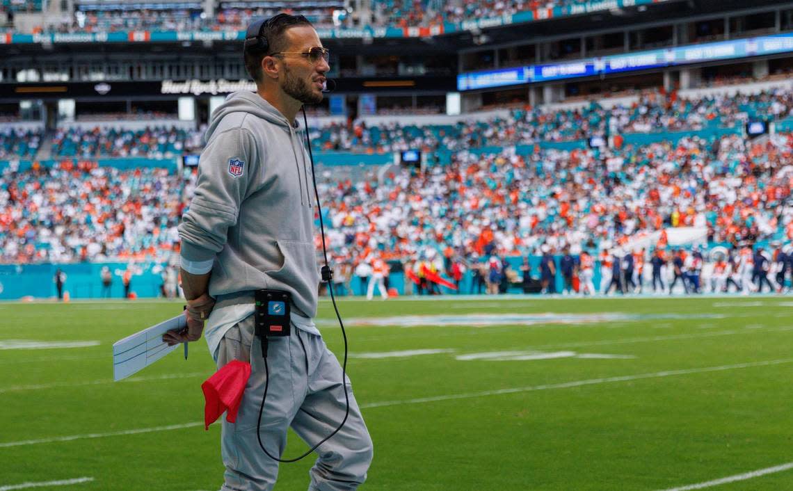 Miami Dolphins head coach Mike McDaniel looks on before the start of an NFL football game against the Denver Broncos at Hard Rock Stadium on Sunday, Sept. 24, 2023 in Miami Gardens, Fl.