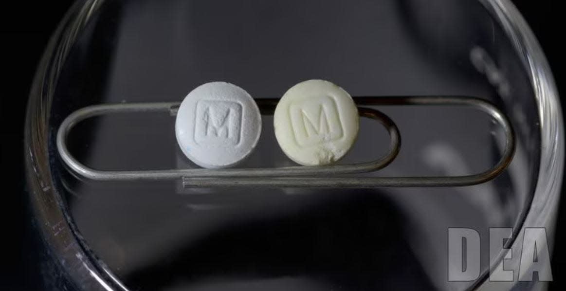 An 30mg oxycodone pill, left, compared to a counterfeit pill containing fentanyl, in this image from the Drug Enforcement Agency's “One Pill Can Kill” campaign.
