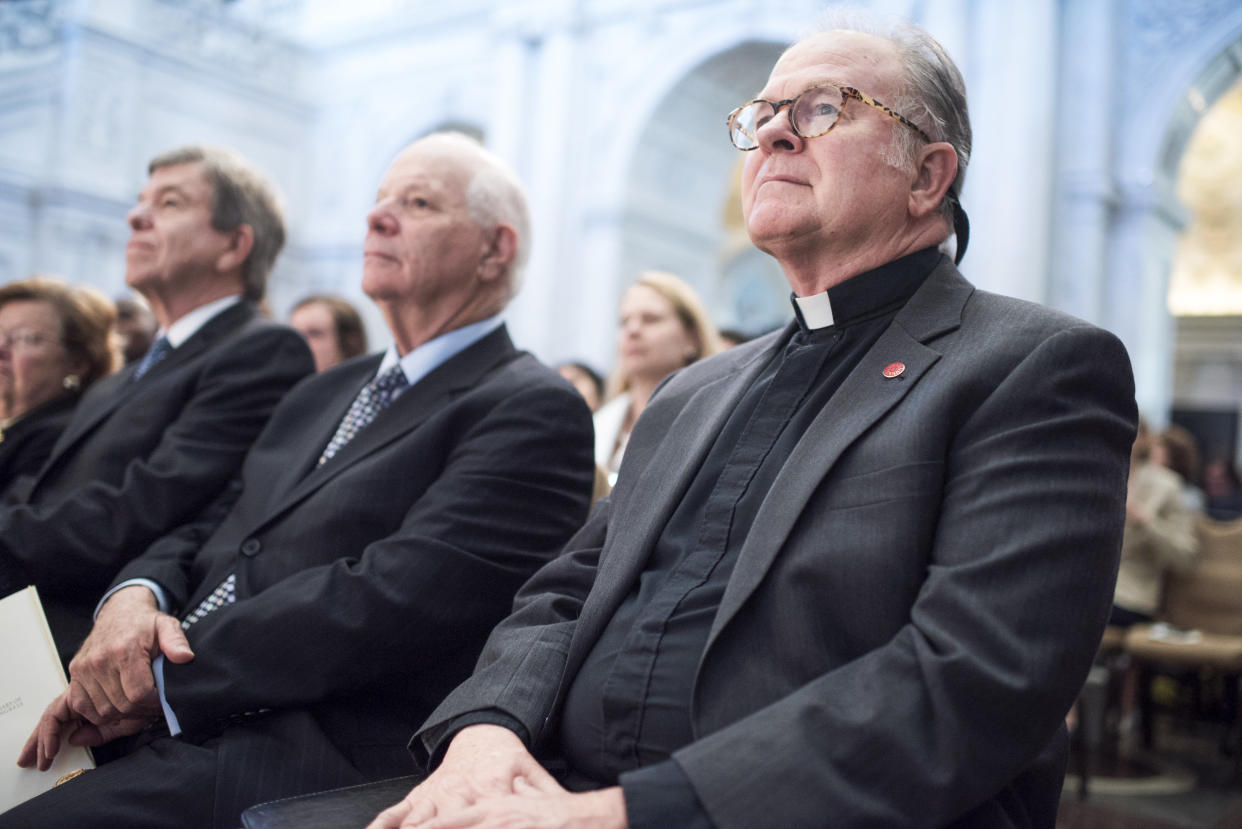 Here's House Chaplain Patrick Conroy sitting peacefully. House Speaker Paul Ryan abruptly fired him for some reason. (Photo: Tom Williams via Getty Images)