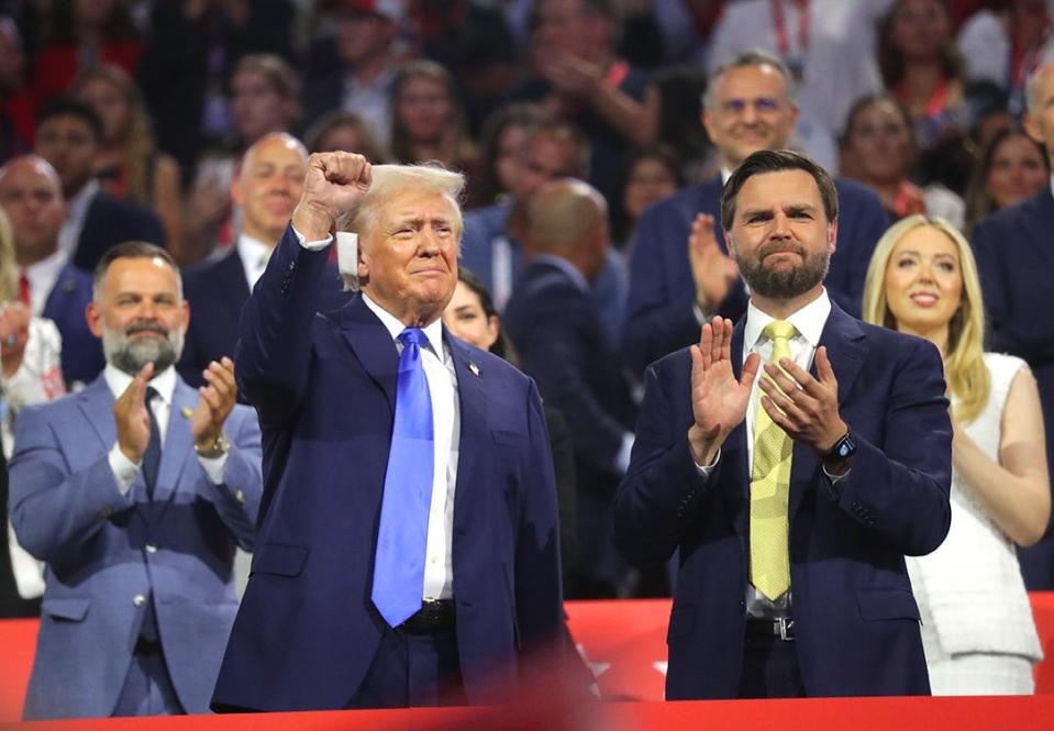 Republican presidential nominee Donald Trump, left, vice presidential nominee JD Vance during the second day of the Republican National Convention at the Fiserv Forum. The second day of the RNC focused on crime and border policies.