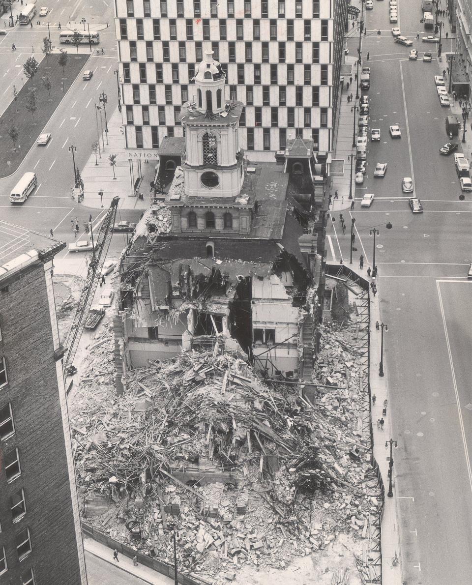 Half of Detroit's old City Hall lies in rubble, demolished in September 1961.