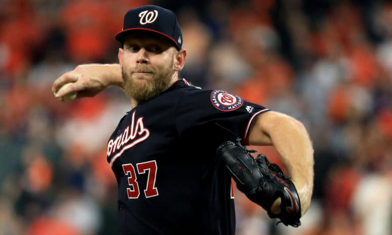 Stephen Strasburg pitches in the World Series for the Nationals.