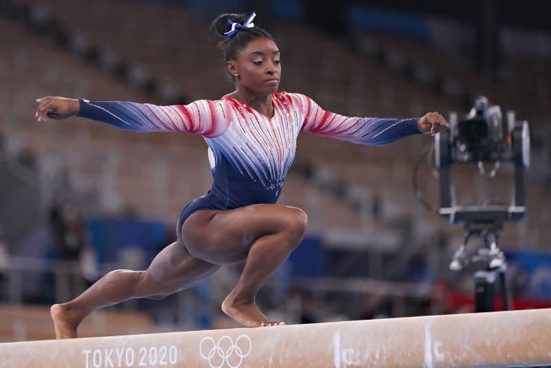 Simone Biles is keeping her aspirations quiet ahead of the 2024 Summer Games in France. File Photo by Richard Ellis/UPI