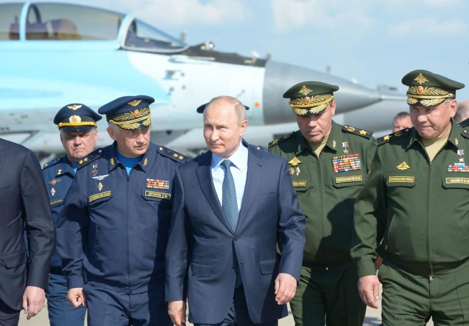 <div class="inline-image__caption"><p>Russian President Vladimir Putin, surrounded by top military officers and officials, tours a military flight test center in Akhtubinsk on May 14, 2019.</p></div> <div class="inline-image__credit">Alexey Nikolsky/AFP via Getty Images</div>