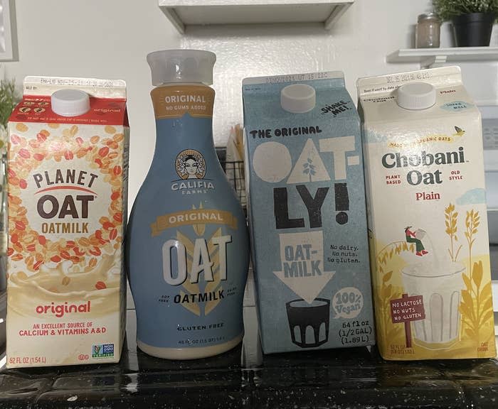 Planet Oat, Califia, Oatly, and Chobani oat milk