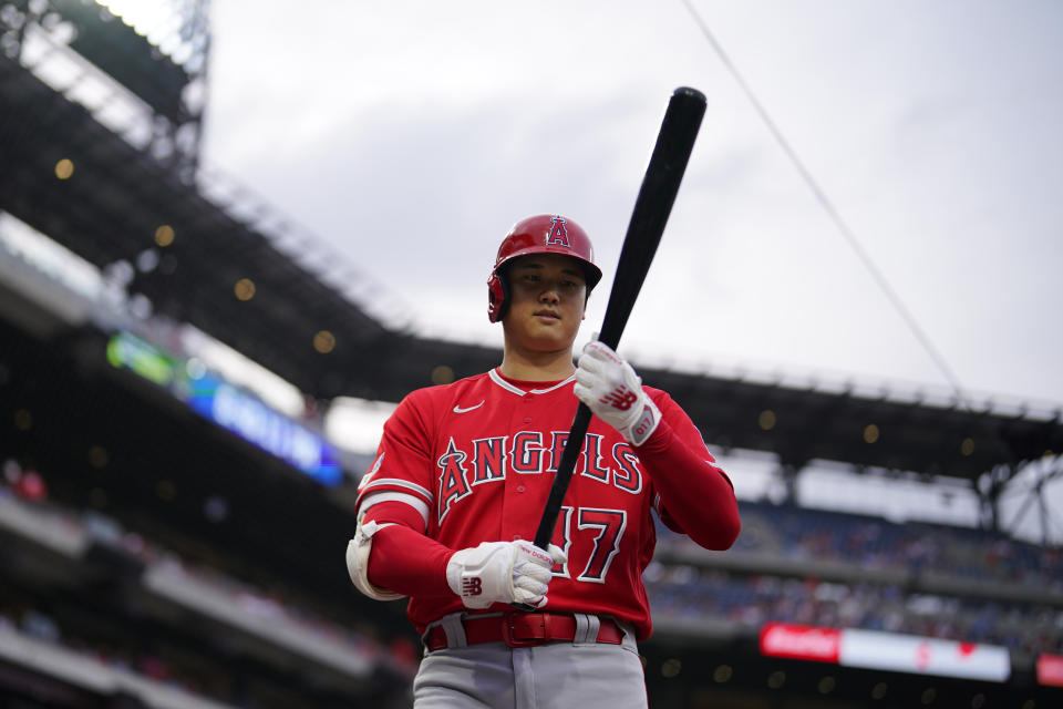 Los Angeles Angels' Shohei Ohtani prepares to bat before a baseball game against the Philadelphia Phillies, Monday, Aug. 28, 2023, in Philadelphia. (AP Photo/Matt Slocum)