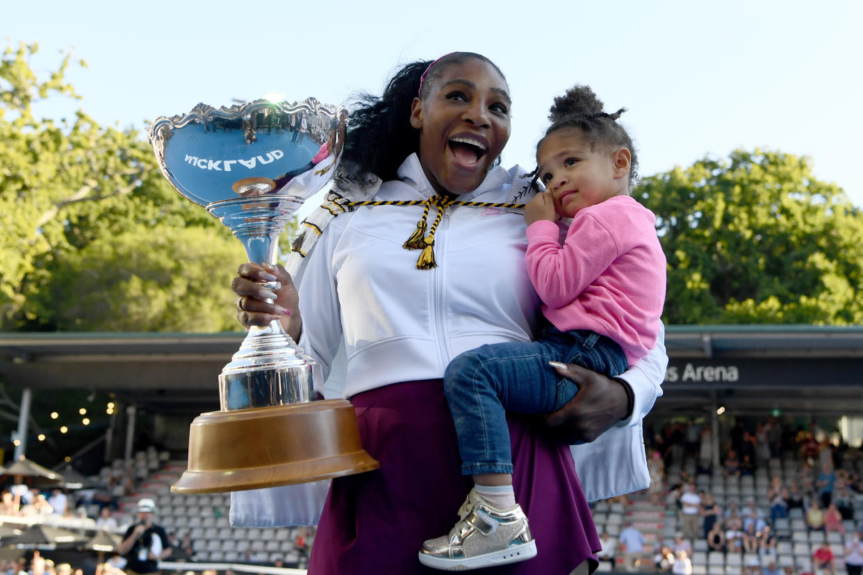 Serena Williams celebrates with daughter Olympia