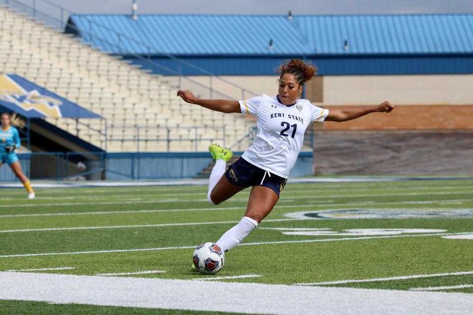 Tianna Harris of Kent State squares up the soccer ball during a 2021 game at Dix Stadium.